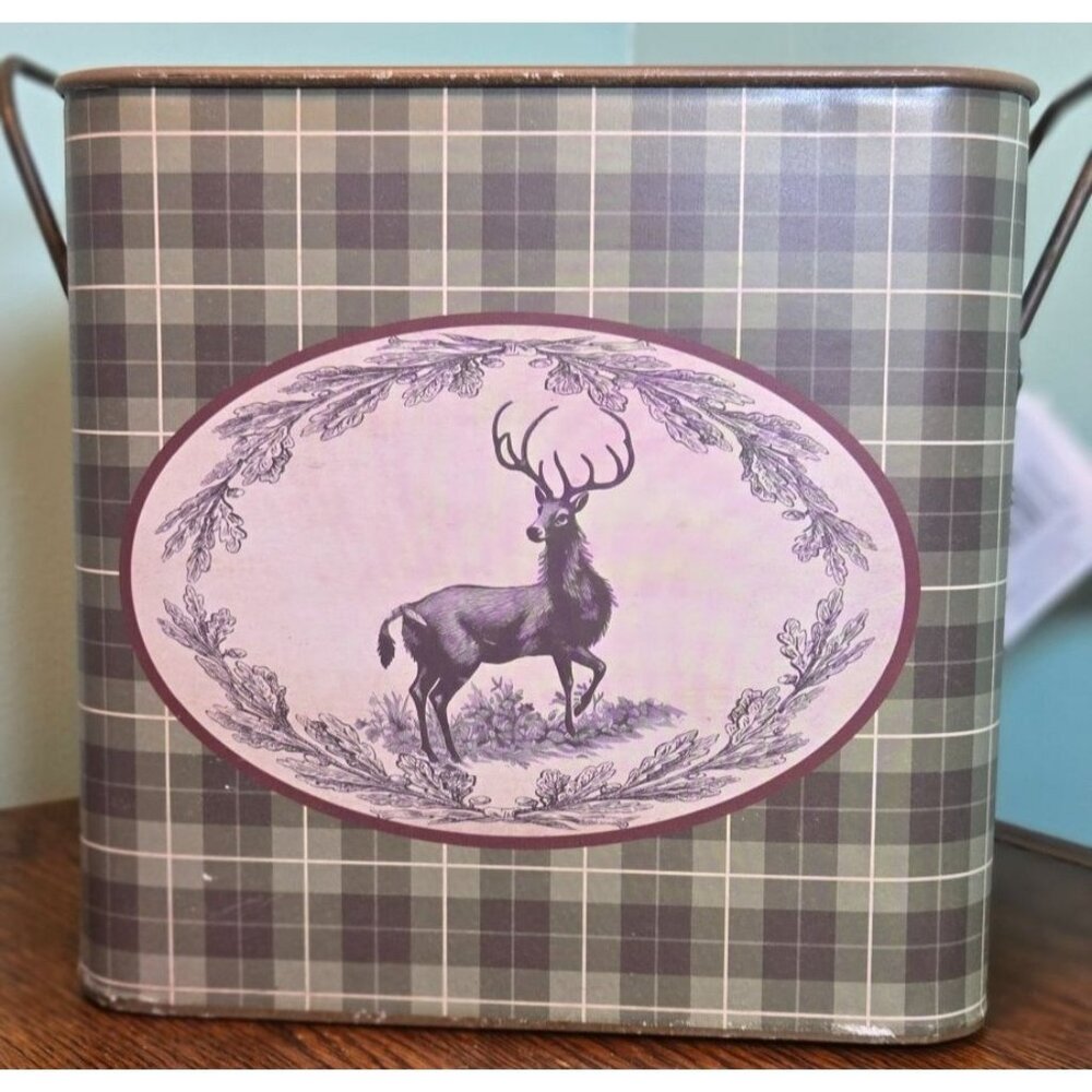 NWT Vintage design Christmas Plaid Metal Storage Bin With Deer Print & Handles,